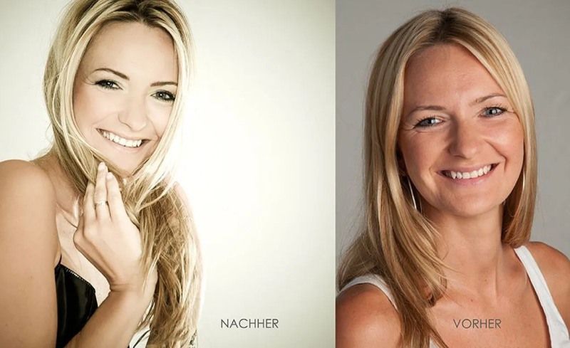 Porträtvergleich derselben blonden Frau, Seite an Seite: links das hellere Vorher-Foto, rechts das dunklere Nachher-Foto.