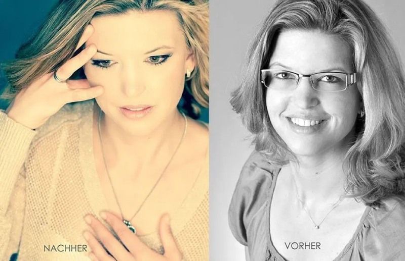 Nebeneinander angeordnete Porträts: ein Beauty-Foto in warmen Farbtönen mit der Beschriftung „NACHHER“ und ein Schwarz-Weiß-Porträt mit der Beschriftung „VORHER“