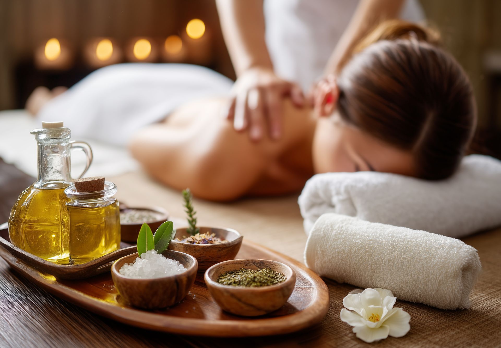 Une personne reçoit un massage du dos dans un spa. Des huiles d'aromathérapie et du sel sont disposés sur un plateau.
