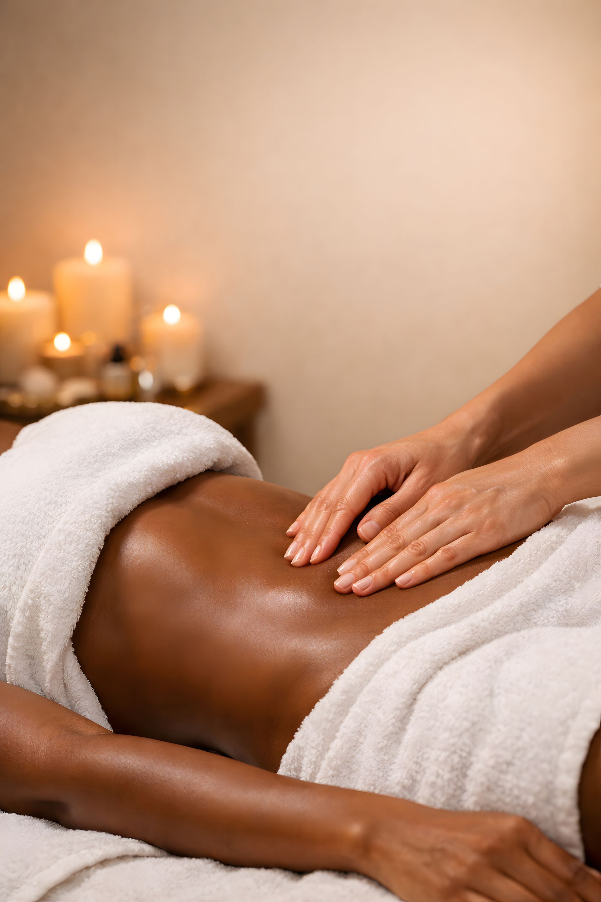 Des mains massent l'abdomen d'une personne, enveloppée dans une serviette, près de bougies allumées.