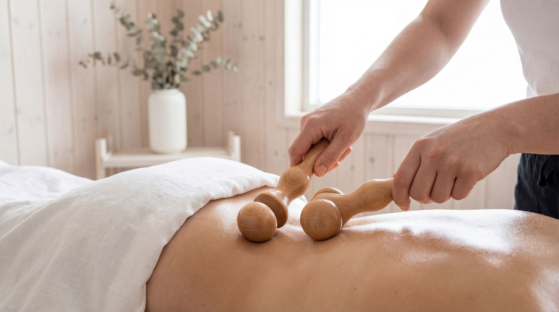 Une personne reçoit un massage du dos avec des outils en bois sur une table de massage. Ambiance lumineuse avec un vase de fleurs.