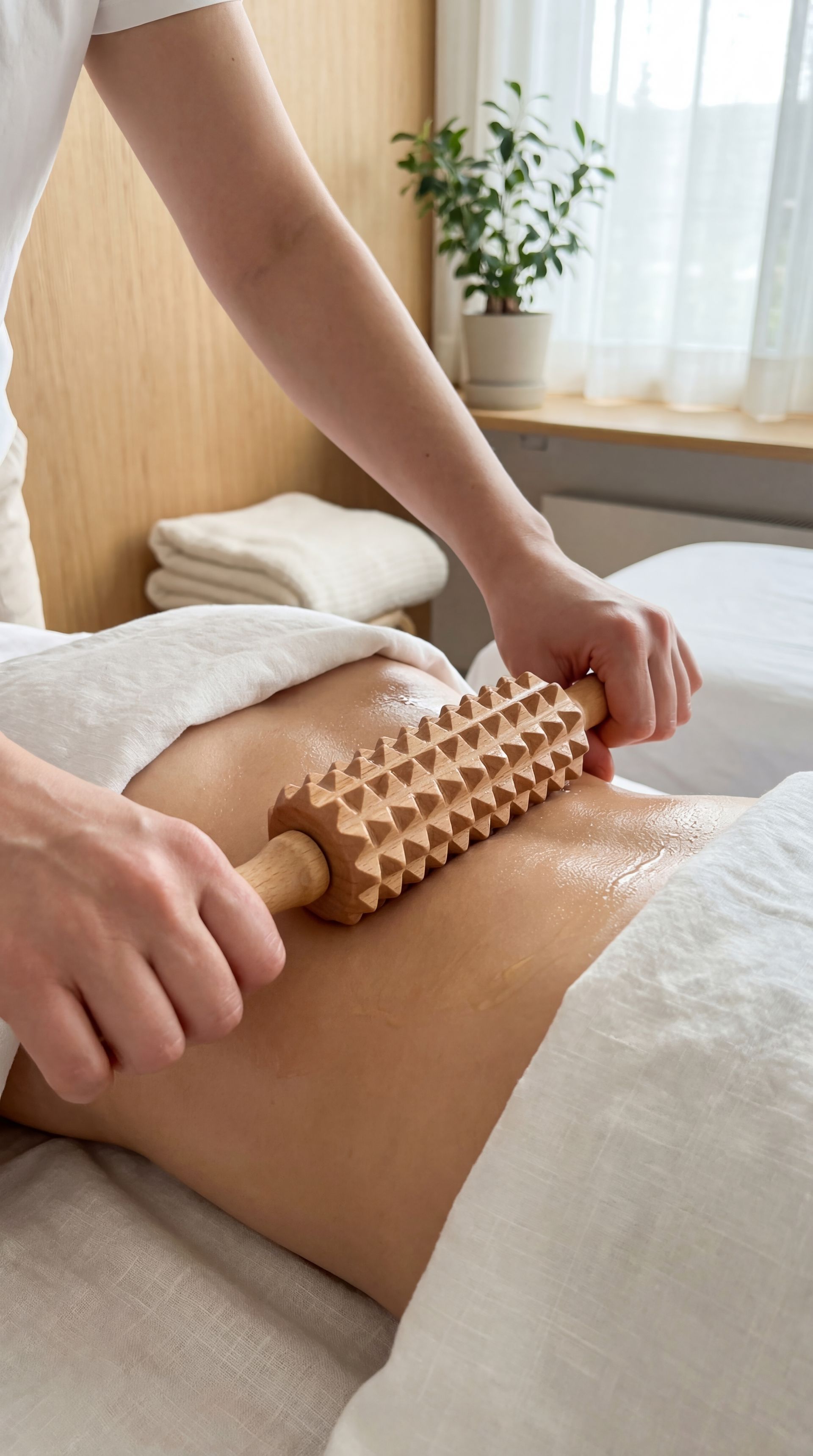 Une personne reçoit un massage du dos avec un rouleau en bois, dans un spa.