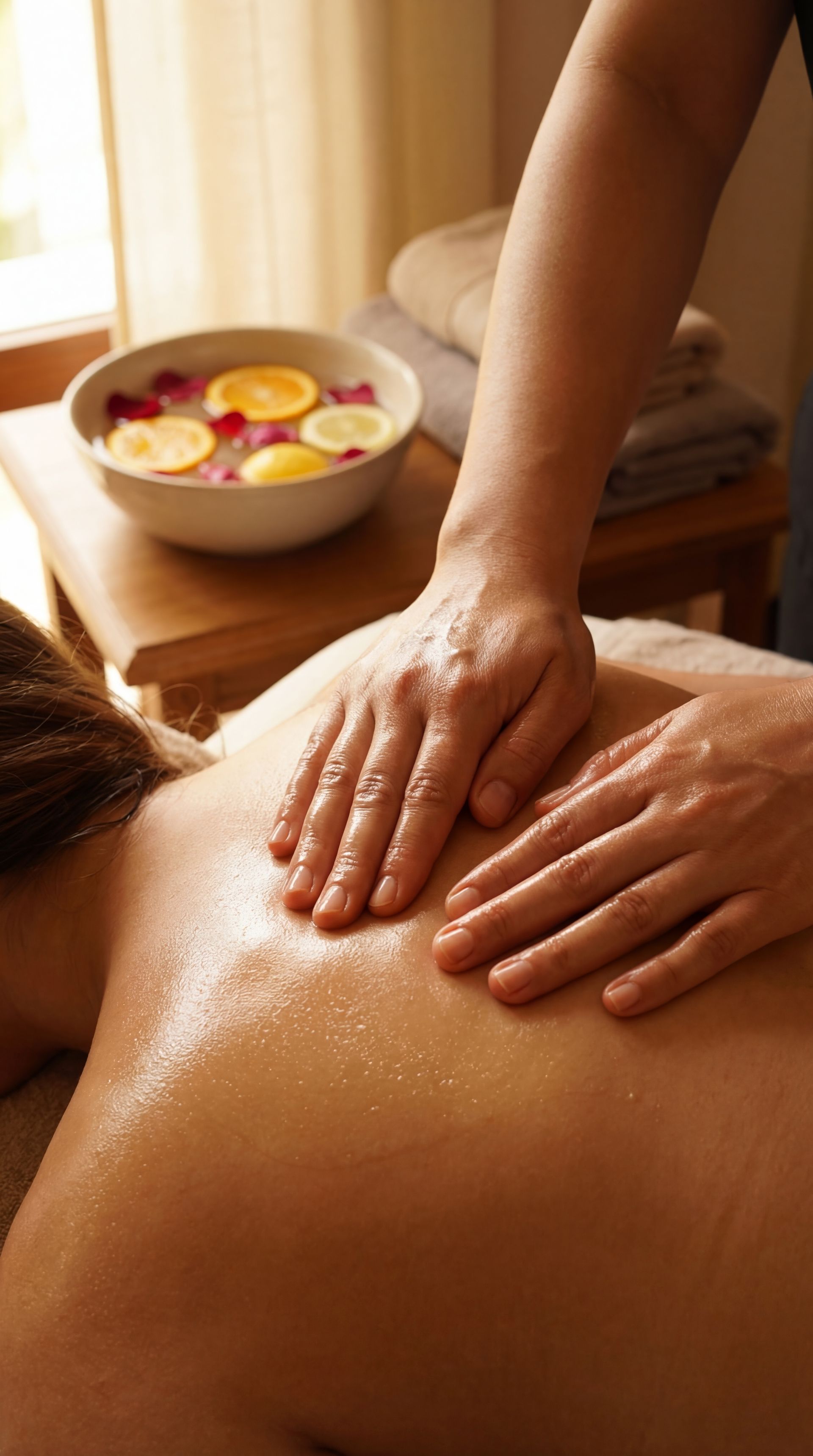 Une personne reçoit un massage du dos dans un spa. Des mains appliquent de l'huile, un bol de fleurs et de fruits est disposé, l'éclairage est tamisé.