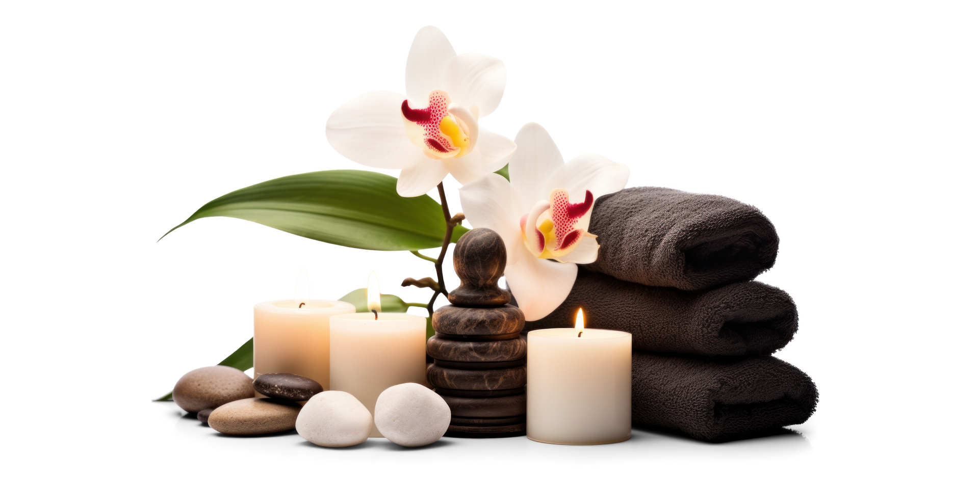 Scène de spa : orchidées blanches, bougies, serviettes, pierres sur fond blanc.