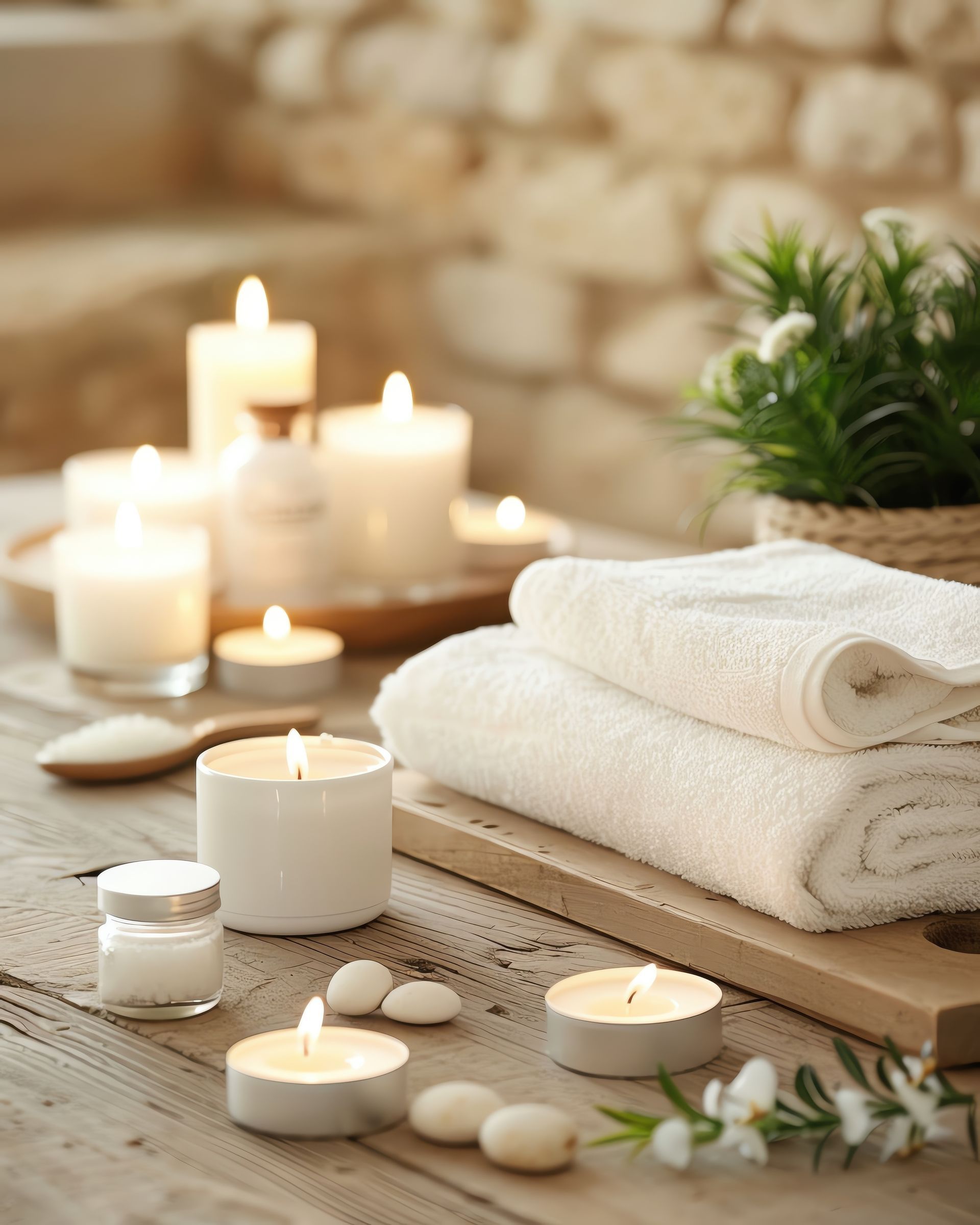 Scène de spa avec bougies, serviettes et une plante sur une surface en bois.