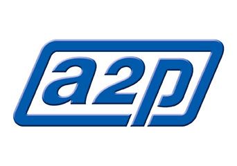 Logo bleu a2p avec des lettres minuscules italiques à l'intérieur d'un contour rectangulaire arrondi