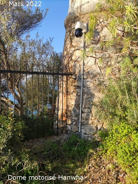 Un mur de pierre avec une lanterne noire à côté d'un portail métallique, encadré par des arbres et de la verdure baignés de soleil.