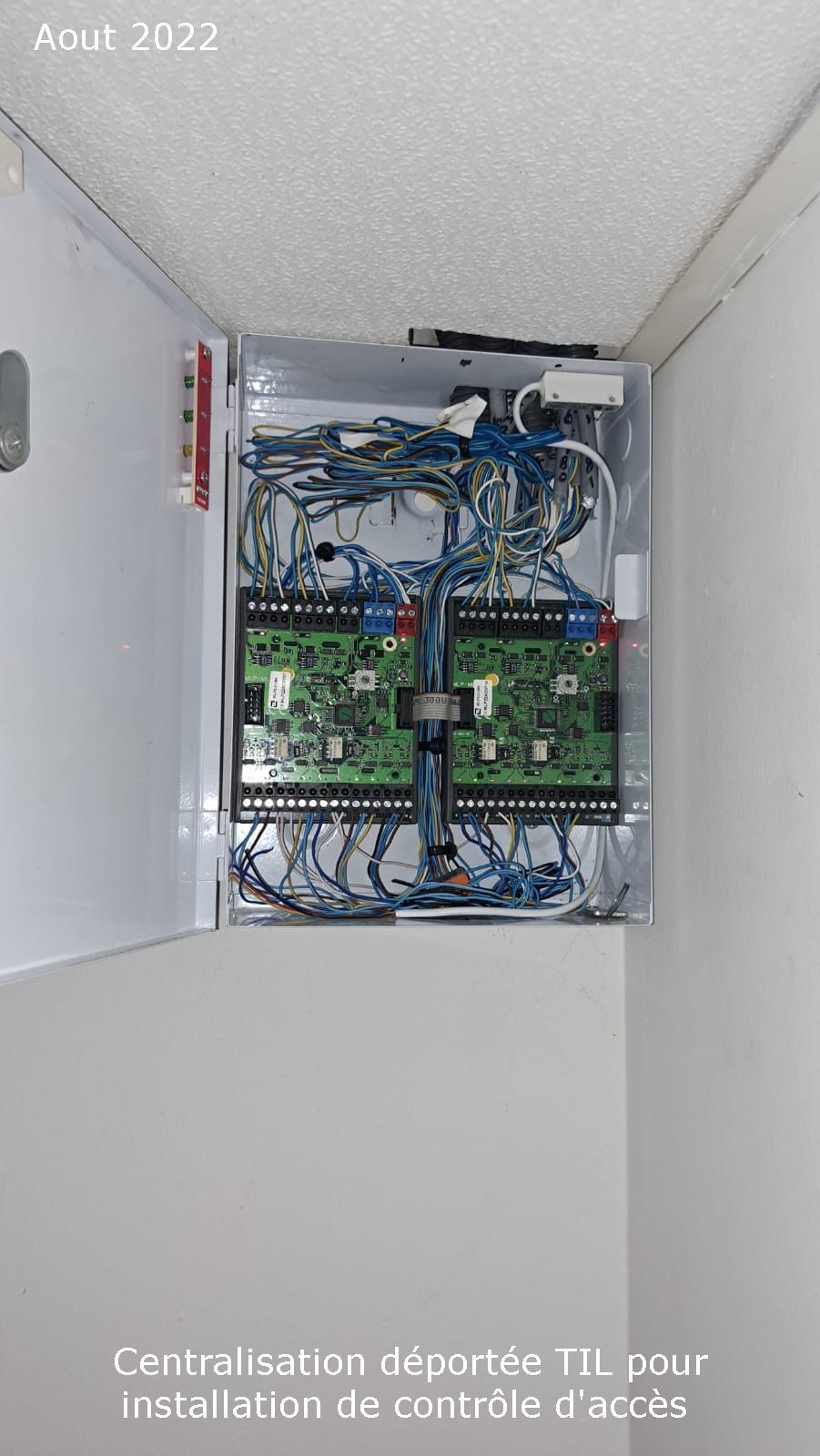 Armoire électrique ouverte avec des câbles bleus et noirs emmêlés et des cartes de circuits imprimés.