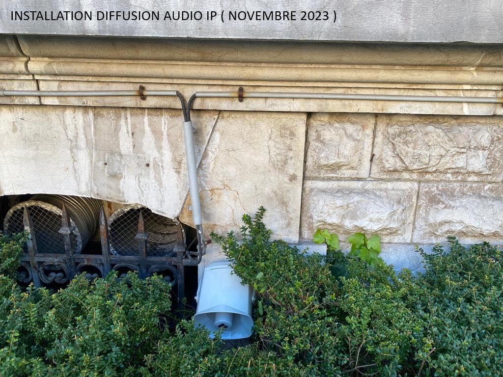 Mur d'un bâtiment en pierre avec câble apparent, seau bleu et buissons verts denses devant