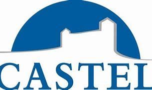Logo CASTEL avec une arche bleue et la silhouette d'un château blanc au-dessus d'un texte bleu
