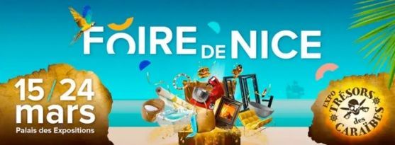 Affiche pour la Foire de Nice, du 15 au 24 mars, avec des attractions foraines colorées et un ciel orangé en arrière-plan.