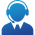 Icône bleue d'assistance pour casque audio avec silhouette de personne et microphone