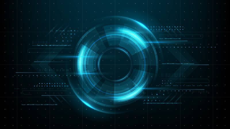 Interface annulaire numérique bleue lumineuse sur fond sombre, avec des lignes et des points de style HUD futuriste.