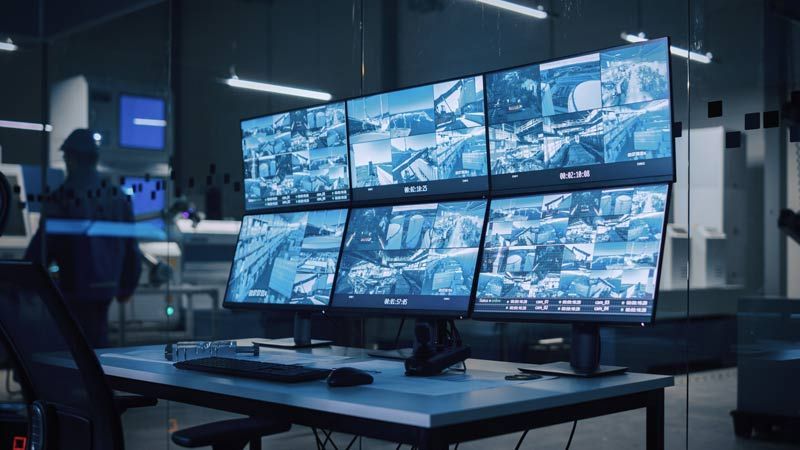 Salle de contrôle de sécurité équipée de plusieurs écrans de surveillance affichant les flux des caméras de la ville.