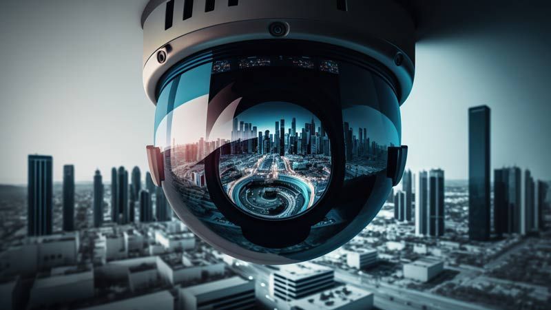 Caméra de surveillance futuriste surplombant l'horizon d'une ville, reflété dans une lentille teintée en bleu.
