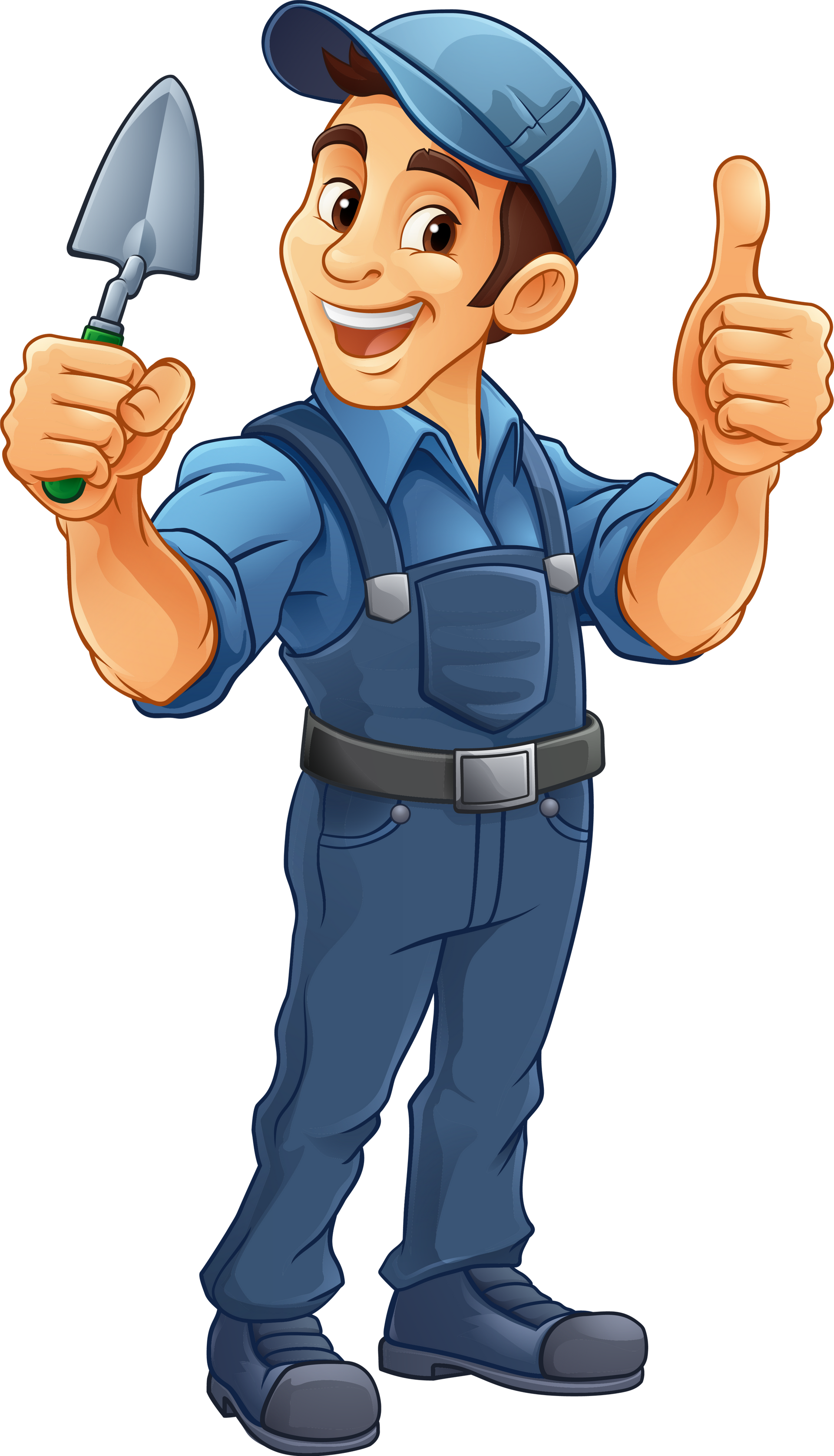 Un personnage en salopette de travail tient une truelle dans une main et lève le pouce de l'autre main.