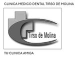 Logotipo para una clínica médica y dental llamada "Tirso de Molina" con una cruz y una forma curva.