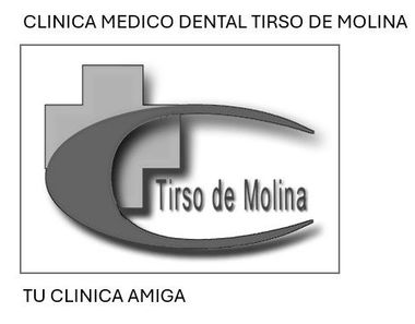 Logotipo para una clínica médica y dental llamada "Tirso de Molina" con una cruz y una forma curva.