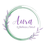 Logo circular morado y verde de “Aura Belleza y Salud” con hojas decorativas