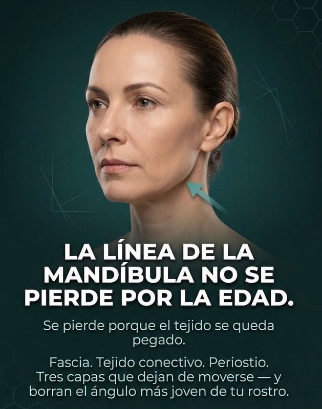 Mujer de perfil con texto en español sobre pérdida de la línea de la mandíbula por envejecimiento de la piel.