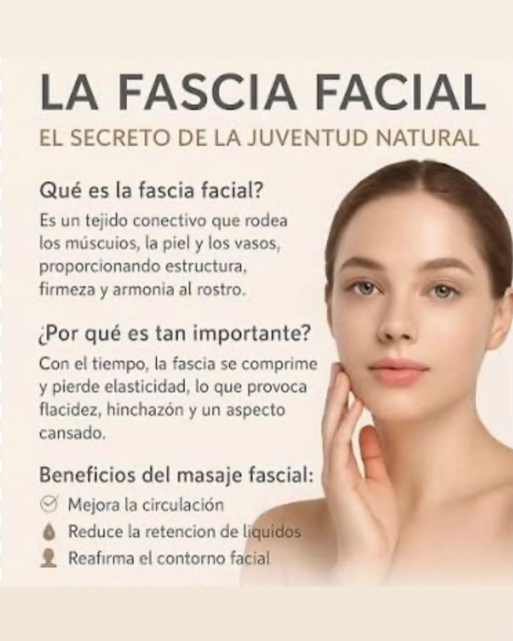 Infografía en tonos beige sobre la fascia facial, con rostro femenino y beneficios para la juventud natural.