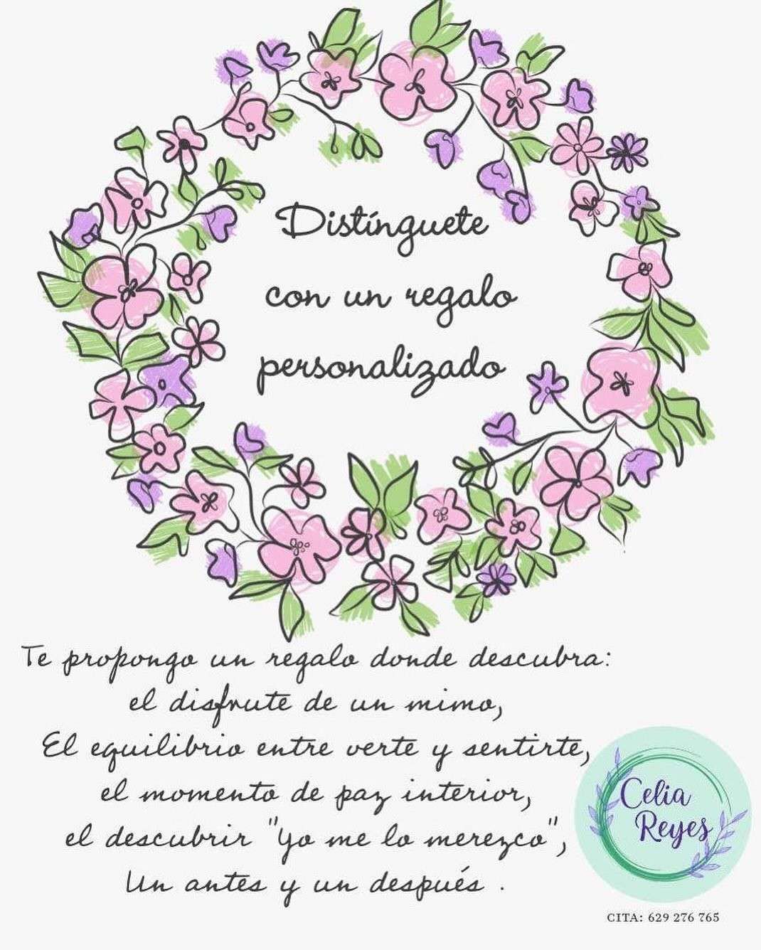 Corona floral pastel con texto “Dísfrut… con un regalo personalizado” y un sello “Cita Regalo”
