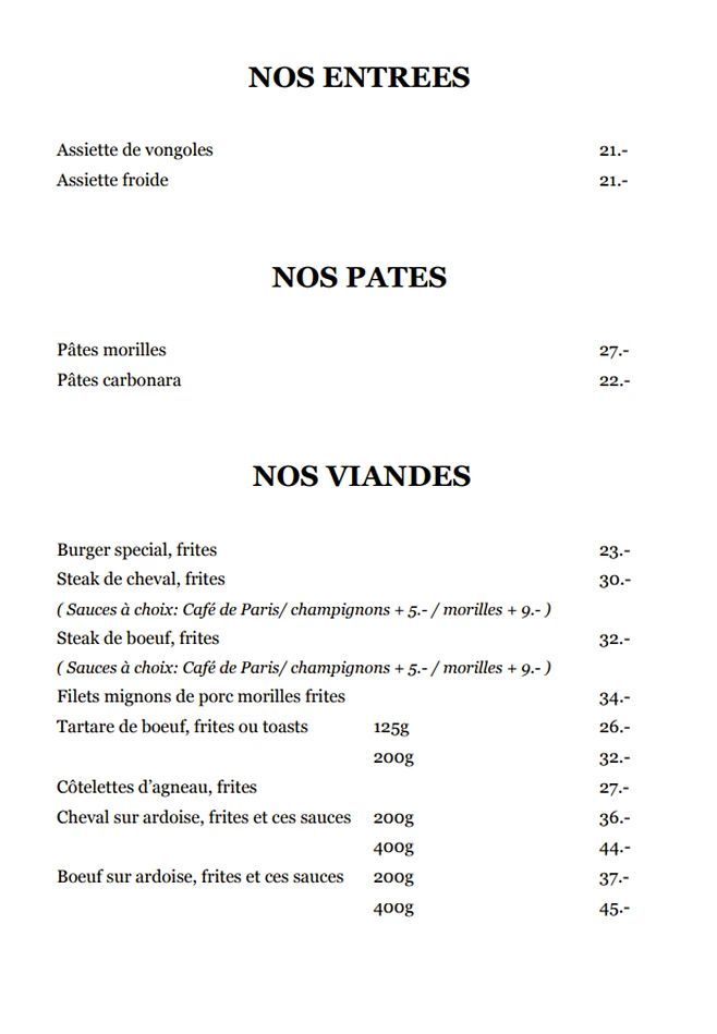 Un menu pour un restaurant avec une liste de plats et des prix.