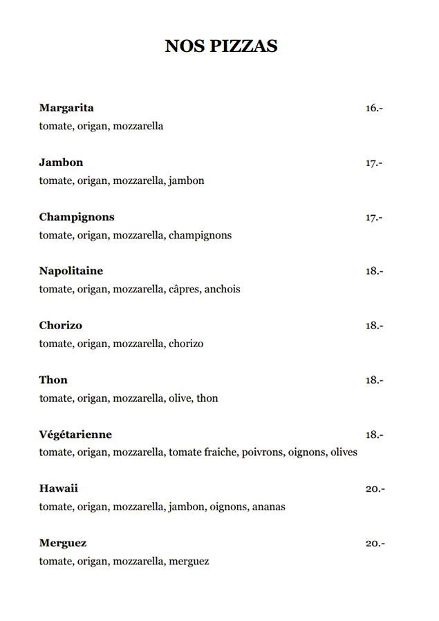 Un menu pour un restaurant présente une variété de pizzas et de boissons.