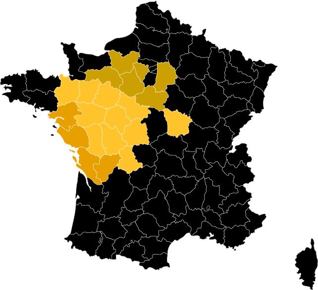 Carte de France avec les départements d'intervention d'Alcadis Group mis en surbrillance