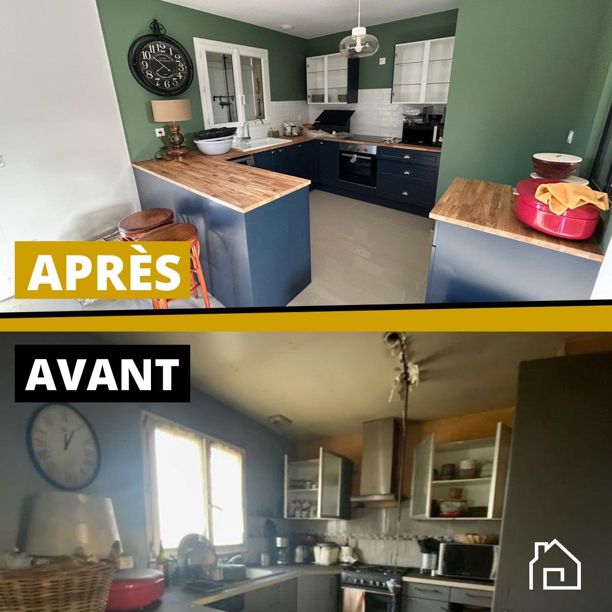 Avant après de la rénovation intérieure d'une maison après sinistre