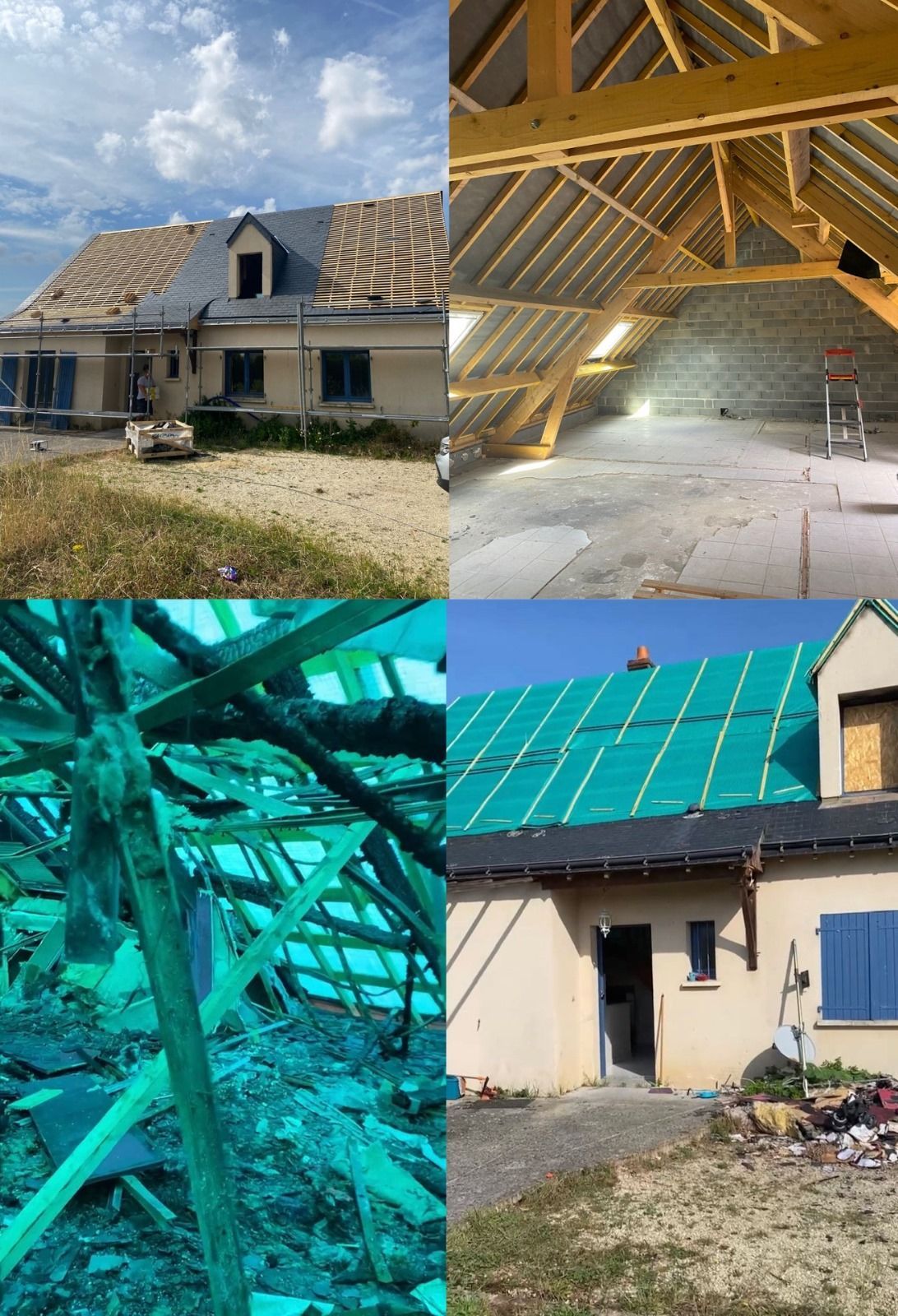Montage photo de la reconstruction d'une toiture après sinistre