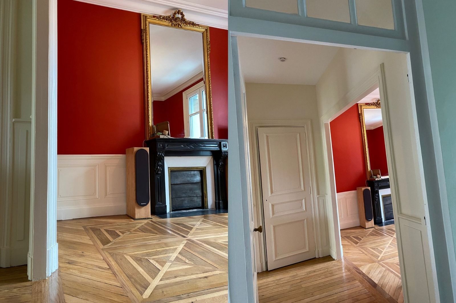 Montage photo de la restauration d'un salon avec parquet massif