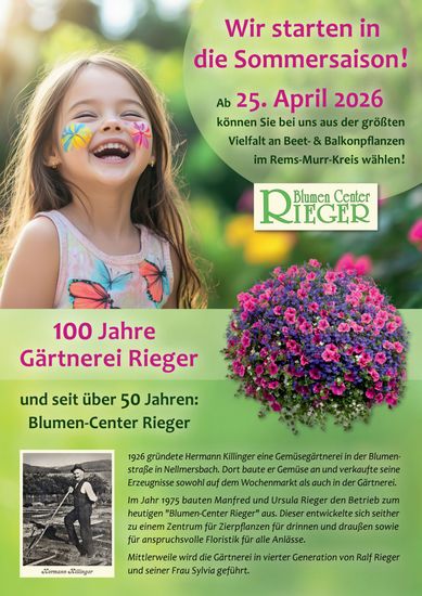 Blumige Jubiläumsanzeige für Gärtnerei Rieger mit lachendem Kind und pinken Blumen, 25. April 2026