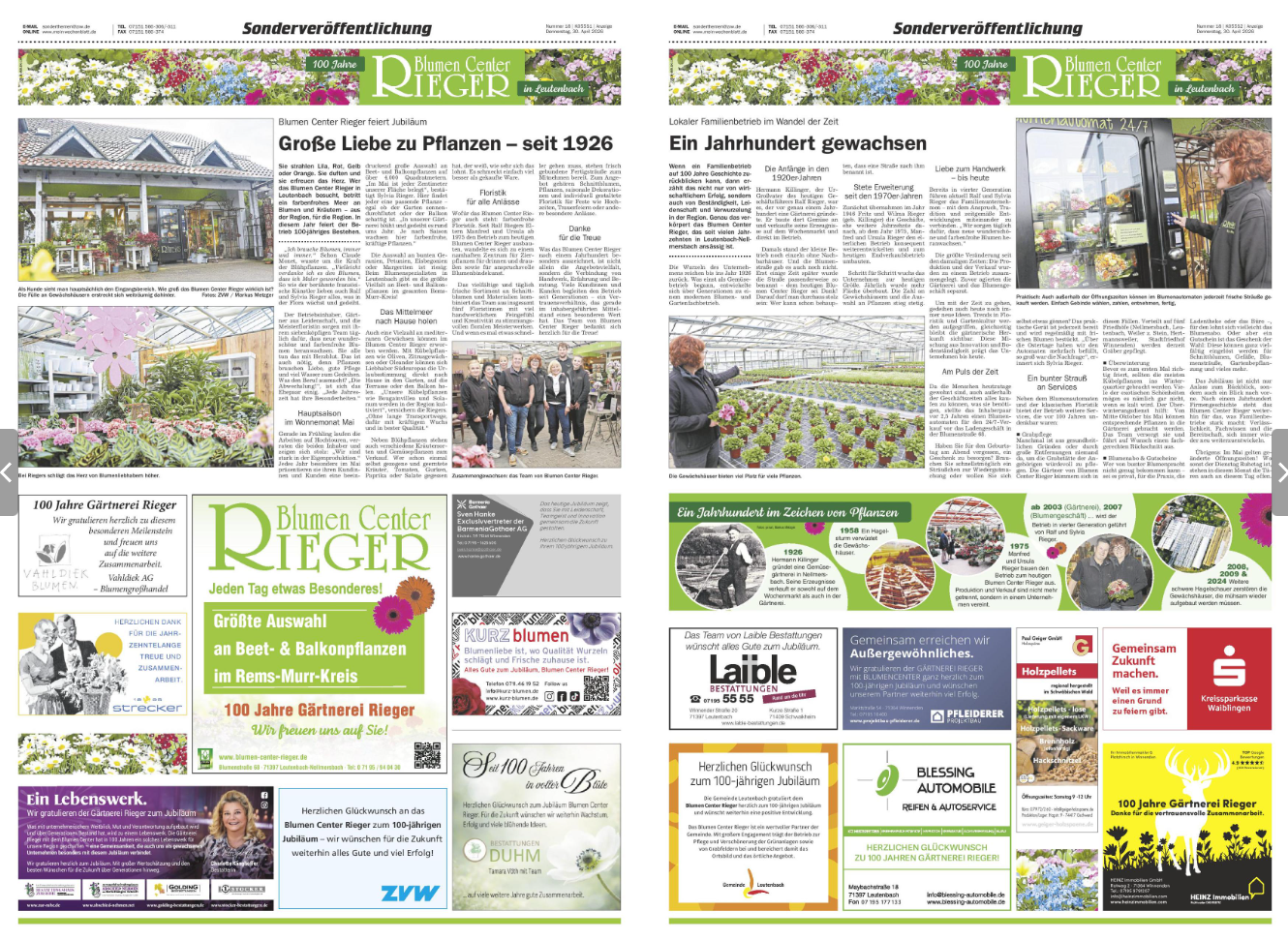 Zeitungsseite mit Artikelspalten, Fotos von Gewächshäusern und Menschen sowie farbenfrohen Anzeigen für Gartencenter