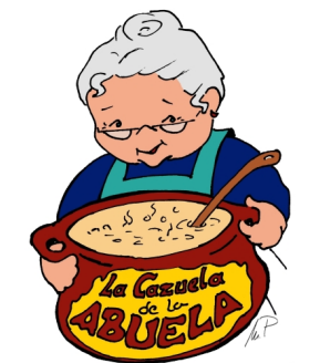 Una caricatura de una anciana sosteniendo una olla de sopa que dice la casuela de la abuela