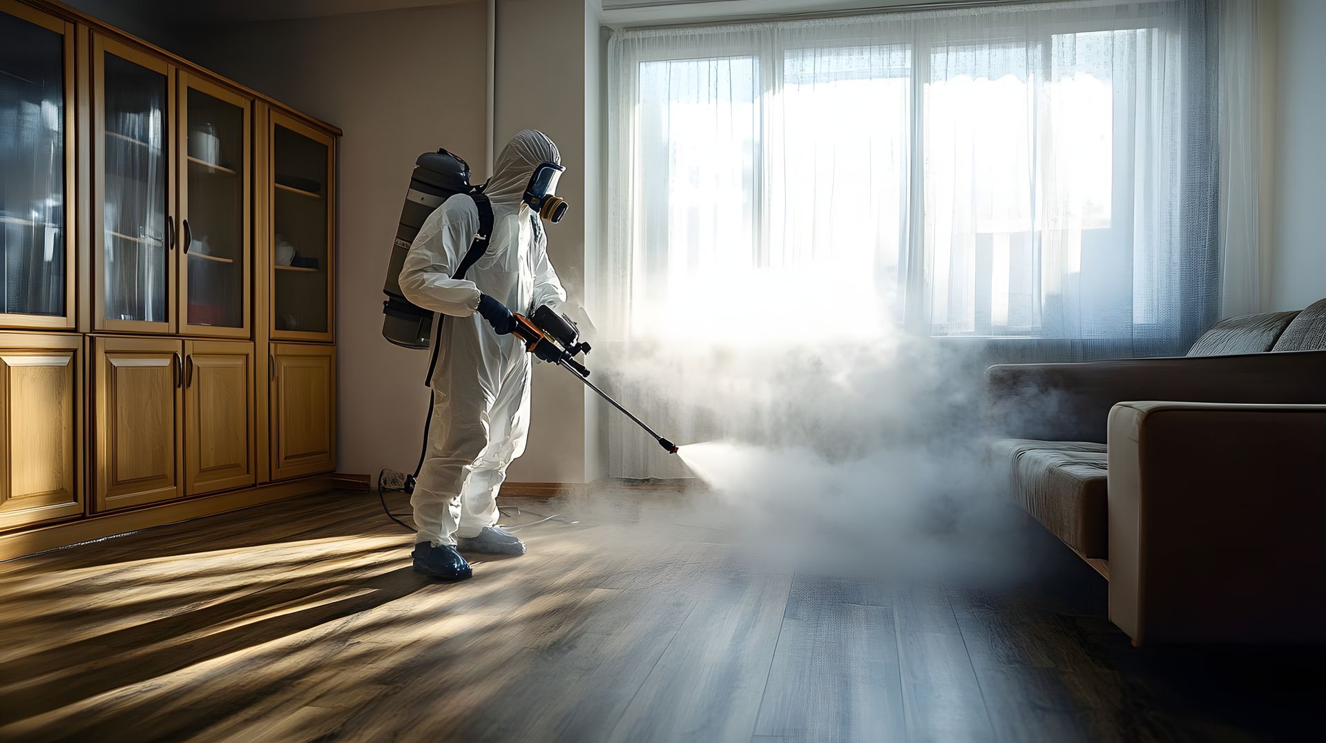 Une personne en combinaison de protection désinfecte une pièce.