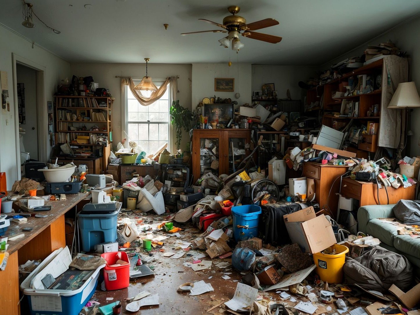 Pièce encombrée de débris, de cartons et d'objets divers.