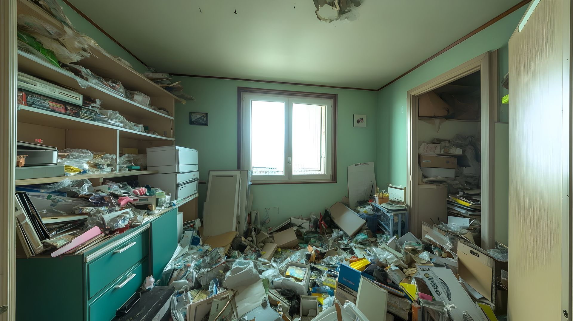Chambre en désordre avec des objets éparpillés sur les étagères, le sol et une fenêtre.