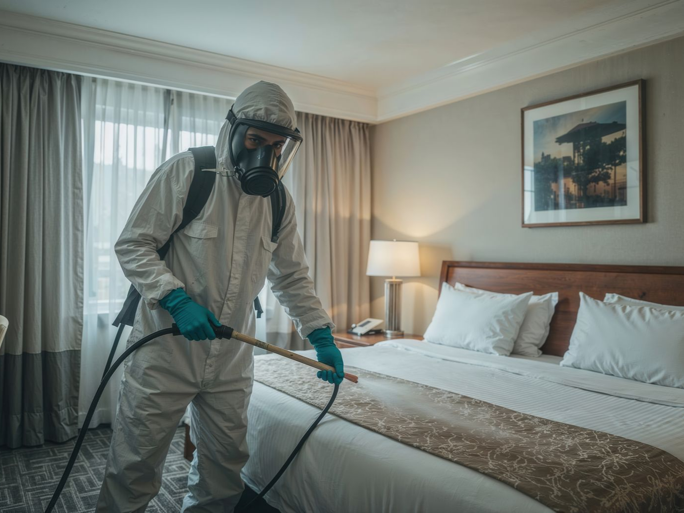 Une personne en combinaison de protection désinfecte le lit d'une chambre d'hôtel avec un spray.