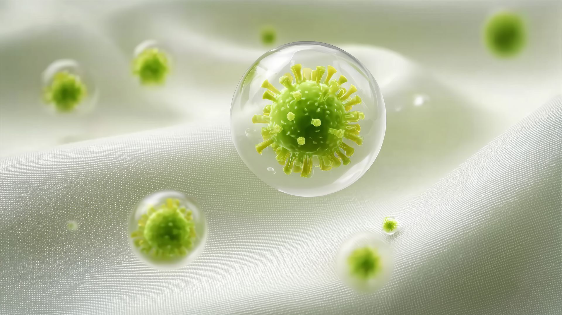 Particules virales vertes dans des bulles transparentes.