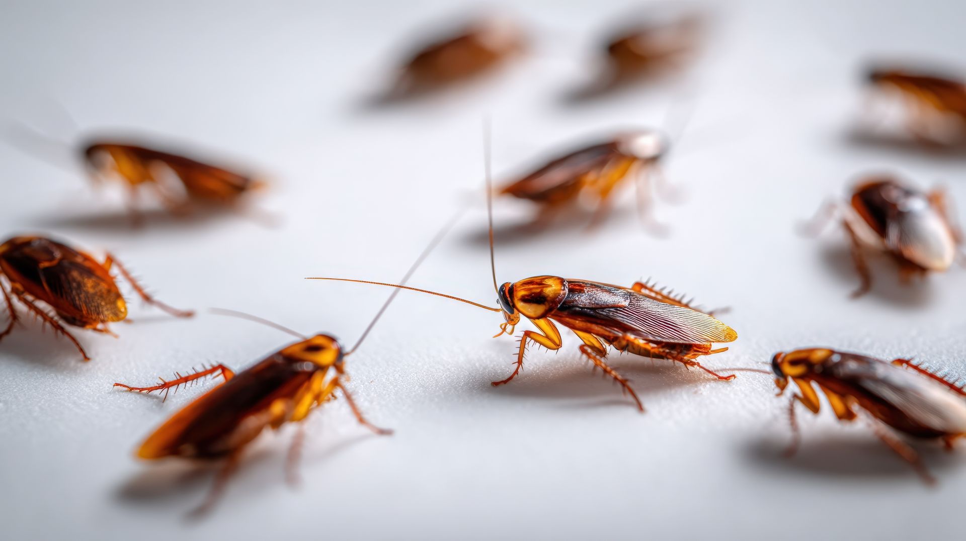 Des cafards rampant sur une surface blanche.