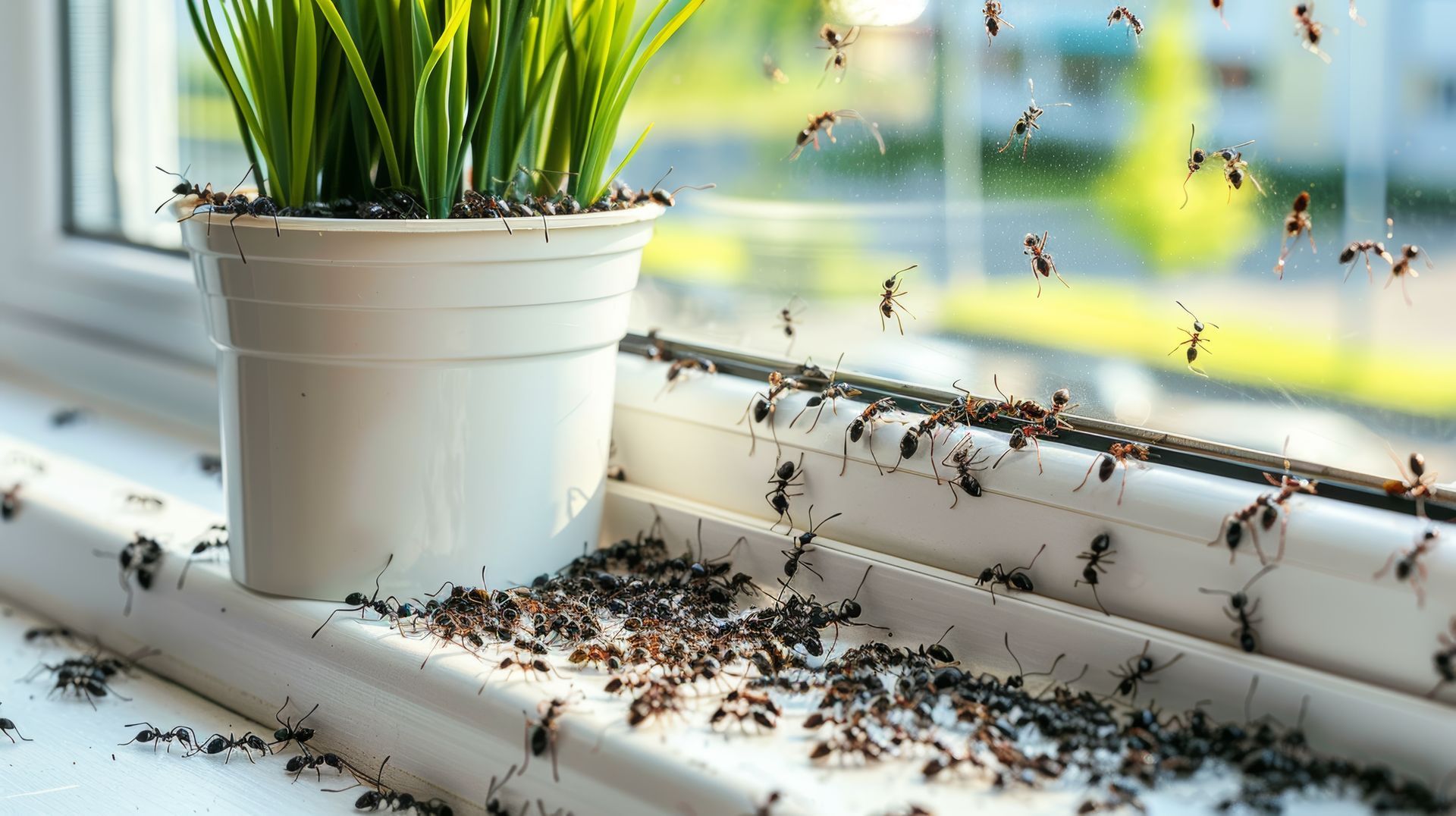 Des fourmis pullulent sur un rebord de fenêtre.