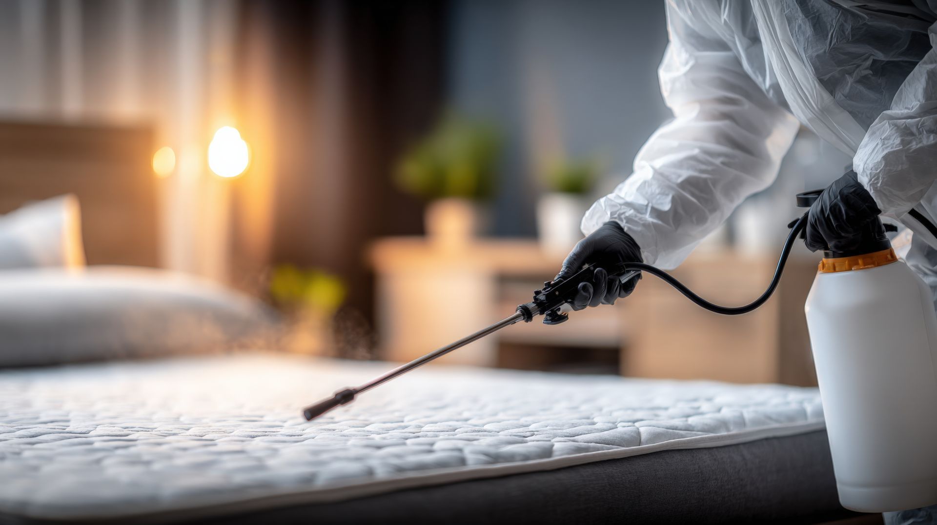 Une personne en combinaison de protection pulvérise un pesticide dans une chambre.