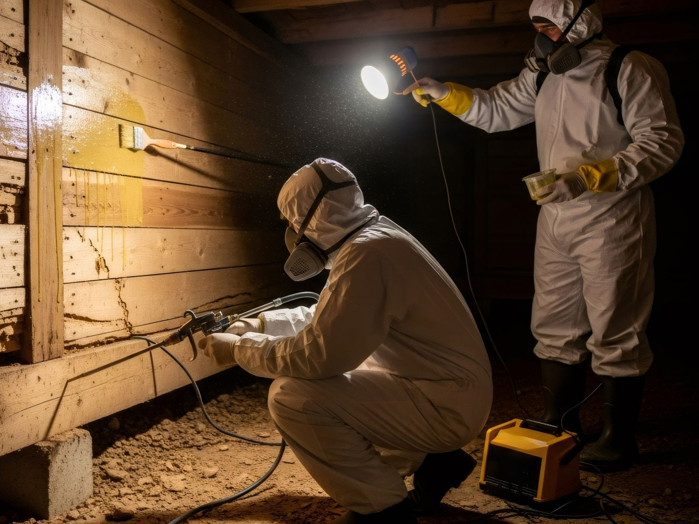 Deux personnes en combinaisons de protection pulvérisent un produit sur un mur en bois.