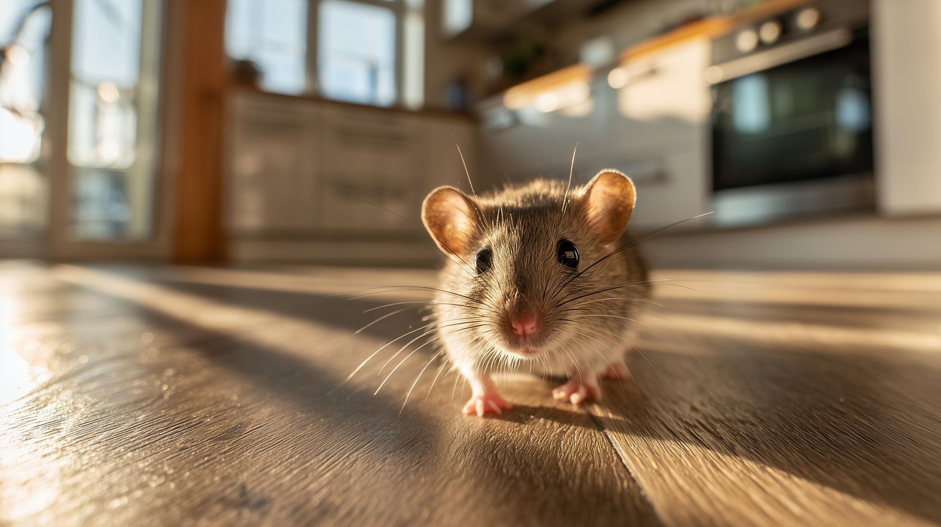 Souris sur le parquet d'une cuisine.