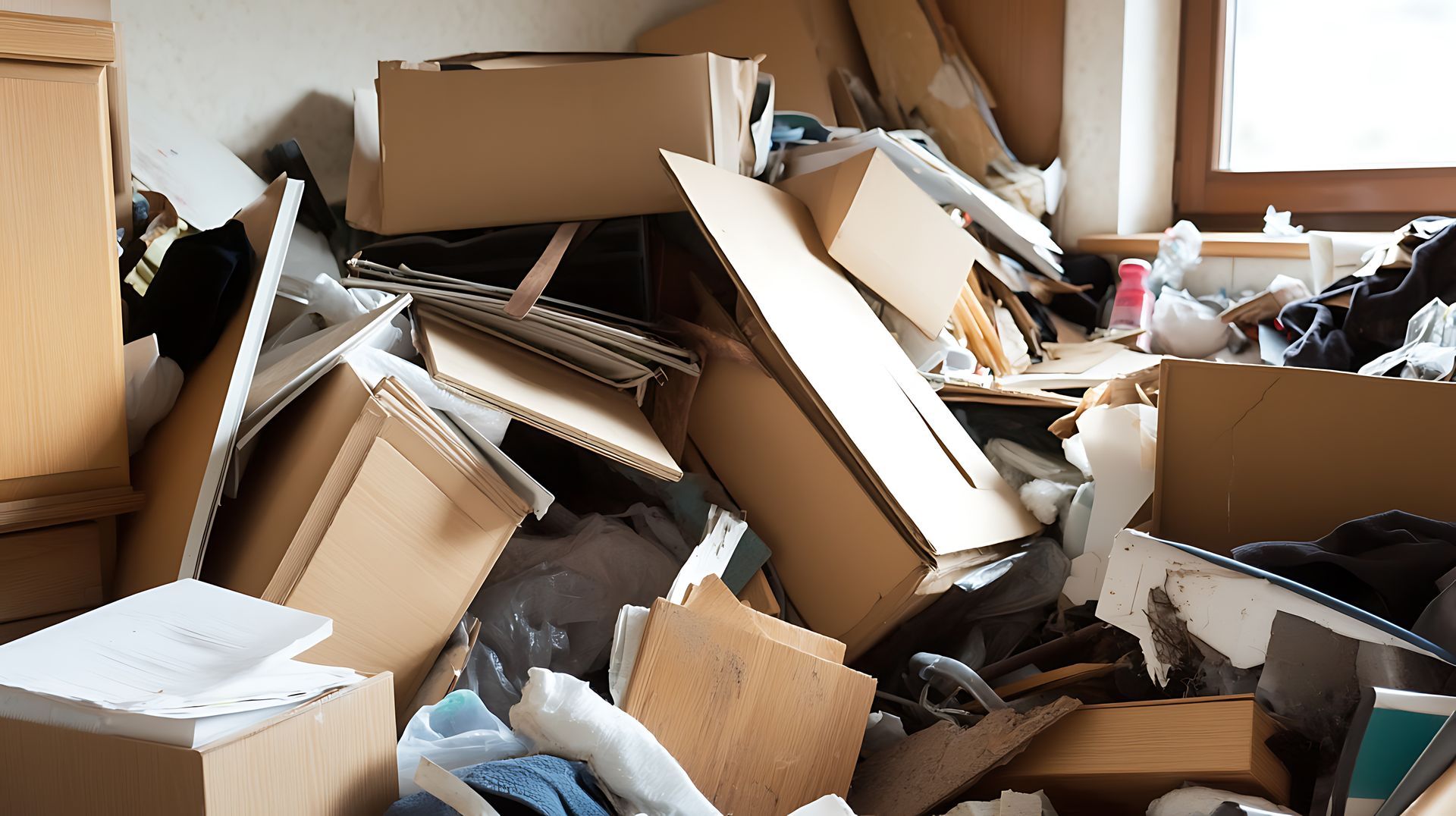 Pièce encombrée remplie d'un amas de cartons et autres débris.