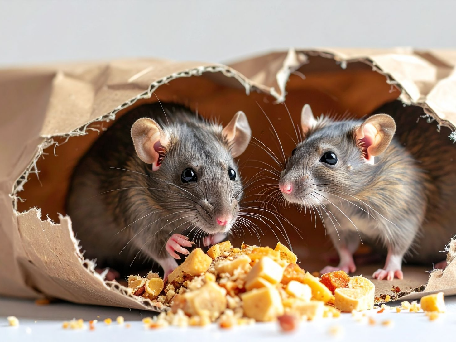 Deux rats mangent des miettes dans un sac.