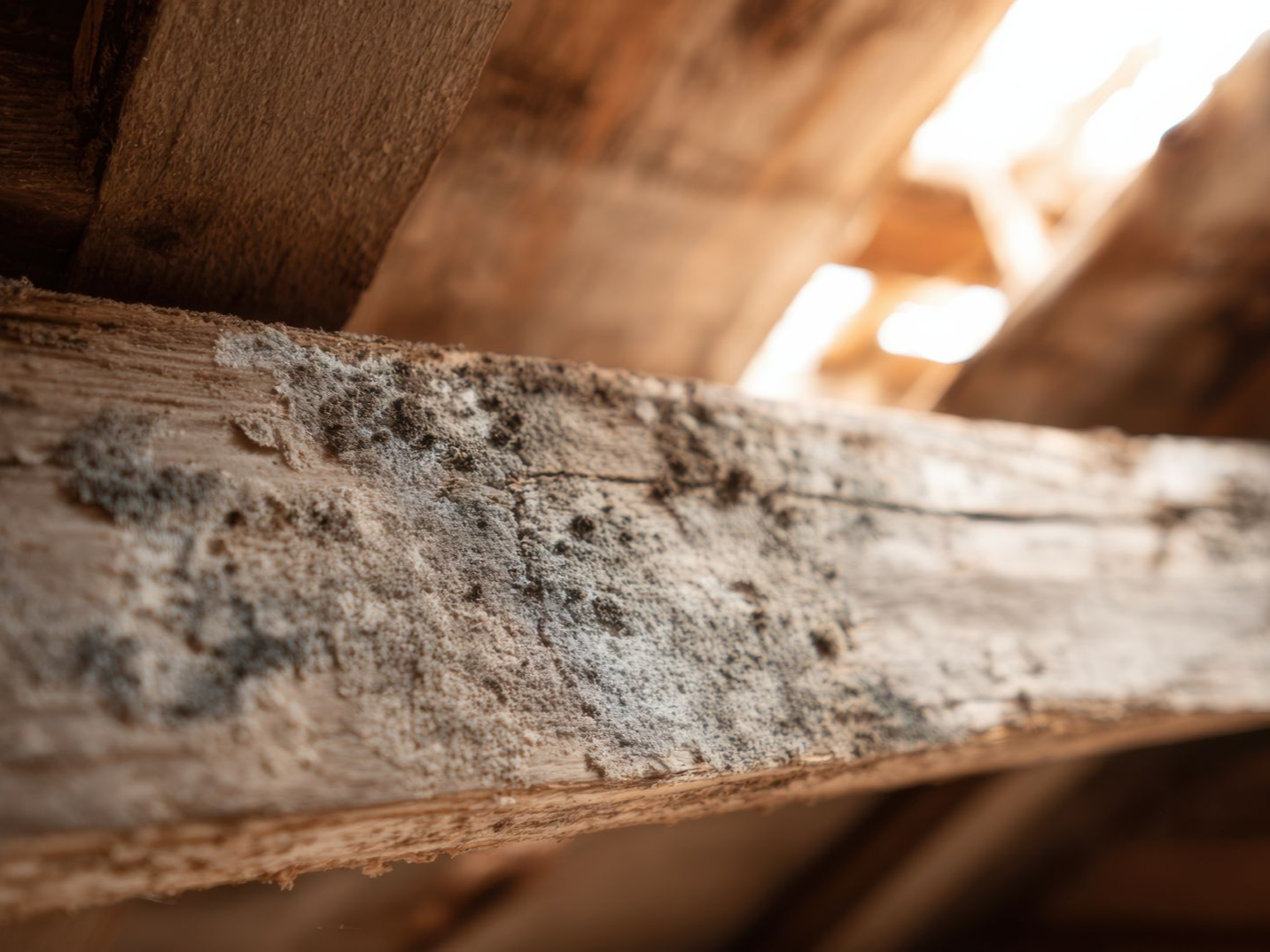 Gros plan sur une poutre en bois moisie.