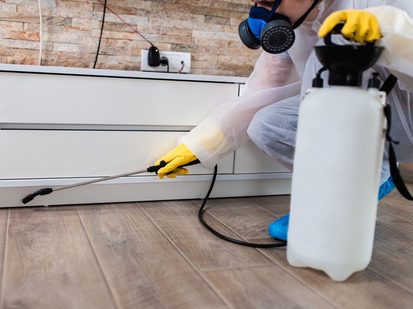 Une personne portant un équipement de protection pulvérise de l'insecticide le long d'une plinthe dans une cuisine.