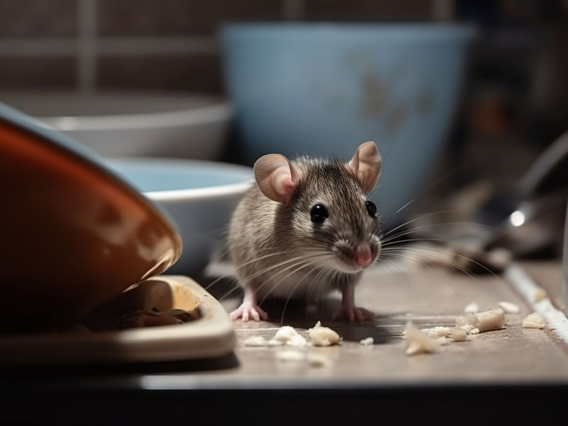 Souris dans une cuisine, entourée de miettes et de vaisselle.